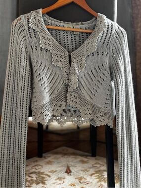 Anthropologie Light Grayish Blue Crochet-Trim Knit HWR Cardigan
